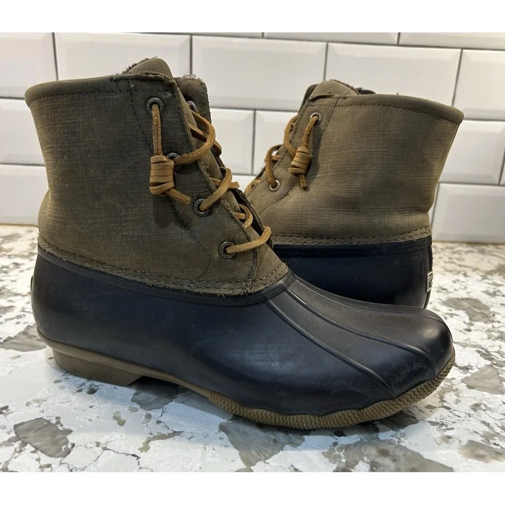 Sperry Top-Sider Womens Saltwater Duck Rubber Boots Leather Top Olive Green‎ 9.5